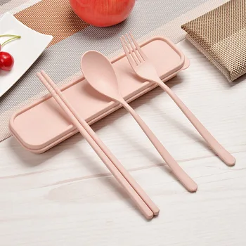 

3 In 1 Wheat Straw Reusable Portable Environmentally Friendly and Non-toxic Fork Spoon Chopstick Set with Cutlery Organizer Box
