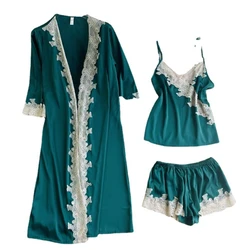 Satin Lace Pajamas Set Women 3PC Robe Top Shorts Sleepwear Sleep Suit Autumn Pyjamas Home Wear Nightwear Robe Gown
