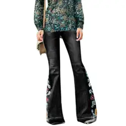 Винтажные длинные расклешенные джинсы с поясом с вышивкой и цветами, женские джинсовые брюки на молнии в стиле ретро, синие, черные брюки с