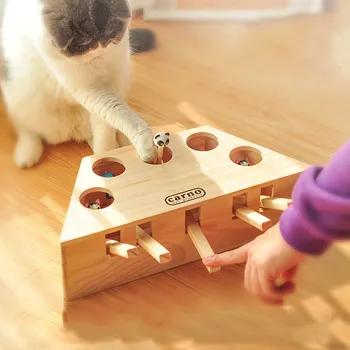 

Cat pet indoor solid wood cat hunting toy interaction 3/5 hole mouse seat scratch cat toy best gift WF830940