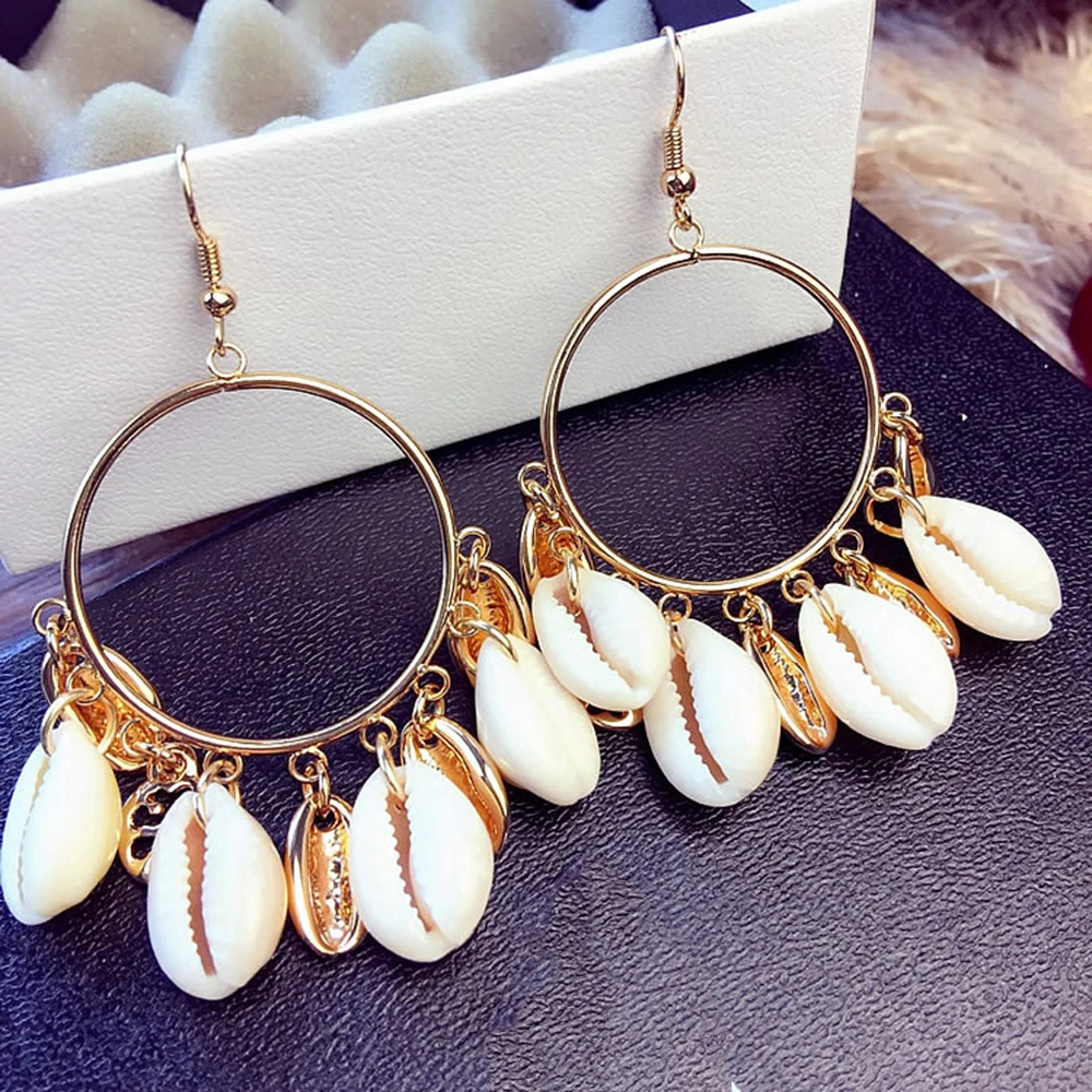 

New Bohemian Natural Shell Earrings Circle Tassel Pendant Earrings Europe and America Exaggerated Decoration Female