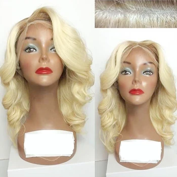 

613# Medium Length Wavy Silk Base Wig Natural Hairline Glueless Indian Remy Human Hair 5x5 Silk Base Scalp Wigs For Women Blonde