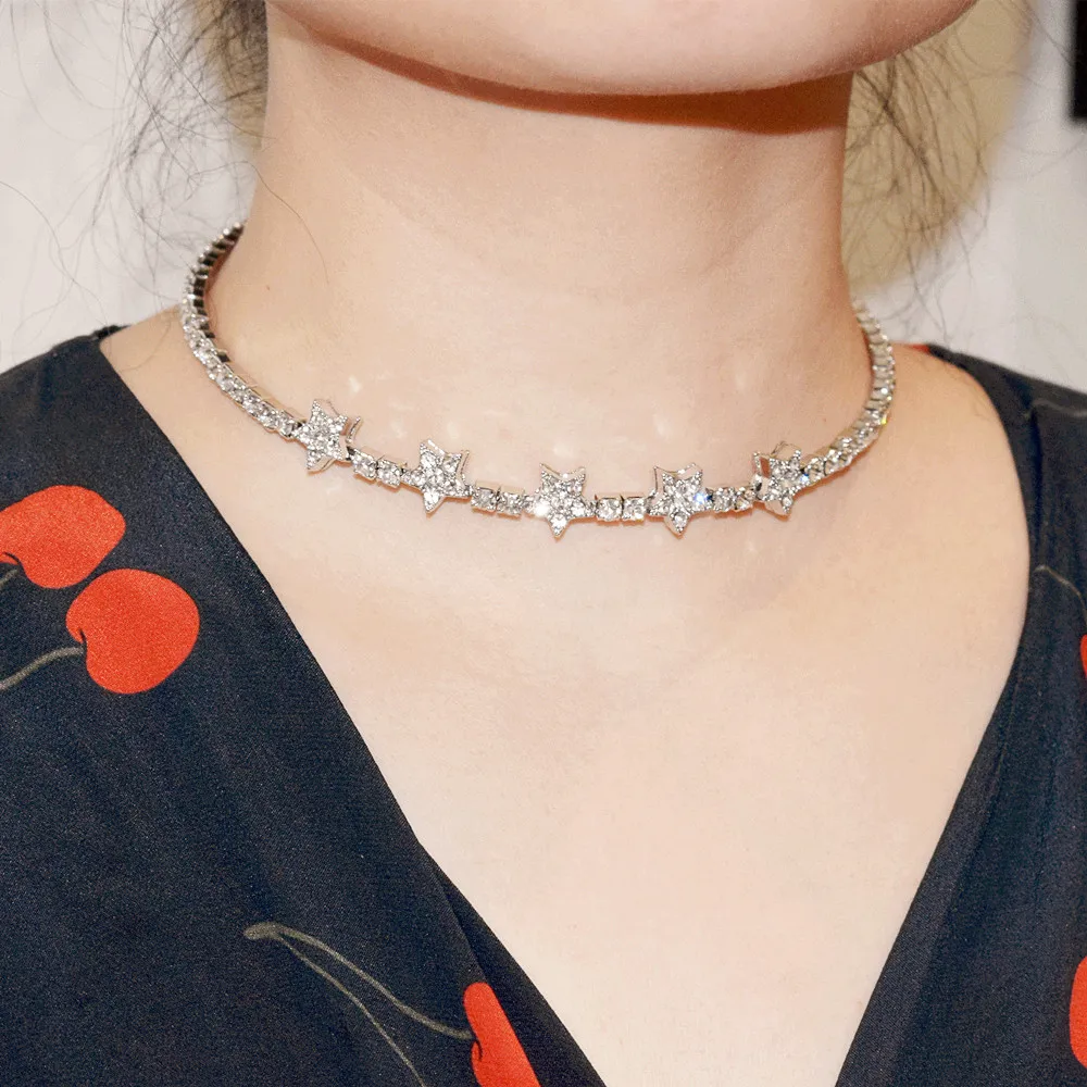 

New Simple Design Shiny Rhinestone Alloy Star Short Choker Necklace For Women Fashion Jewelry Maxi Statement Necklace Accessory
