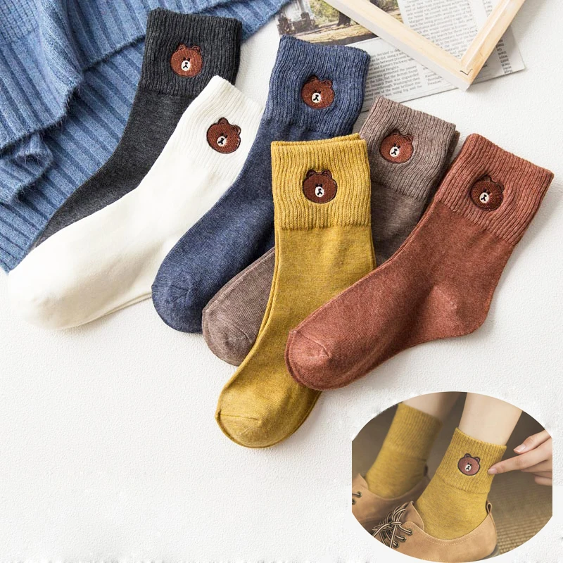 Милые Носки с рисунком медведя; зимние теплые женские носки для отдыха с героями мультфильмов; женские хлопковые носки в стиле пэчворк; 5 цветов