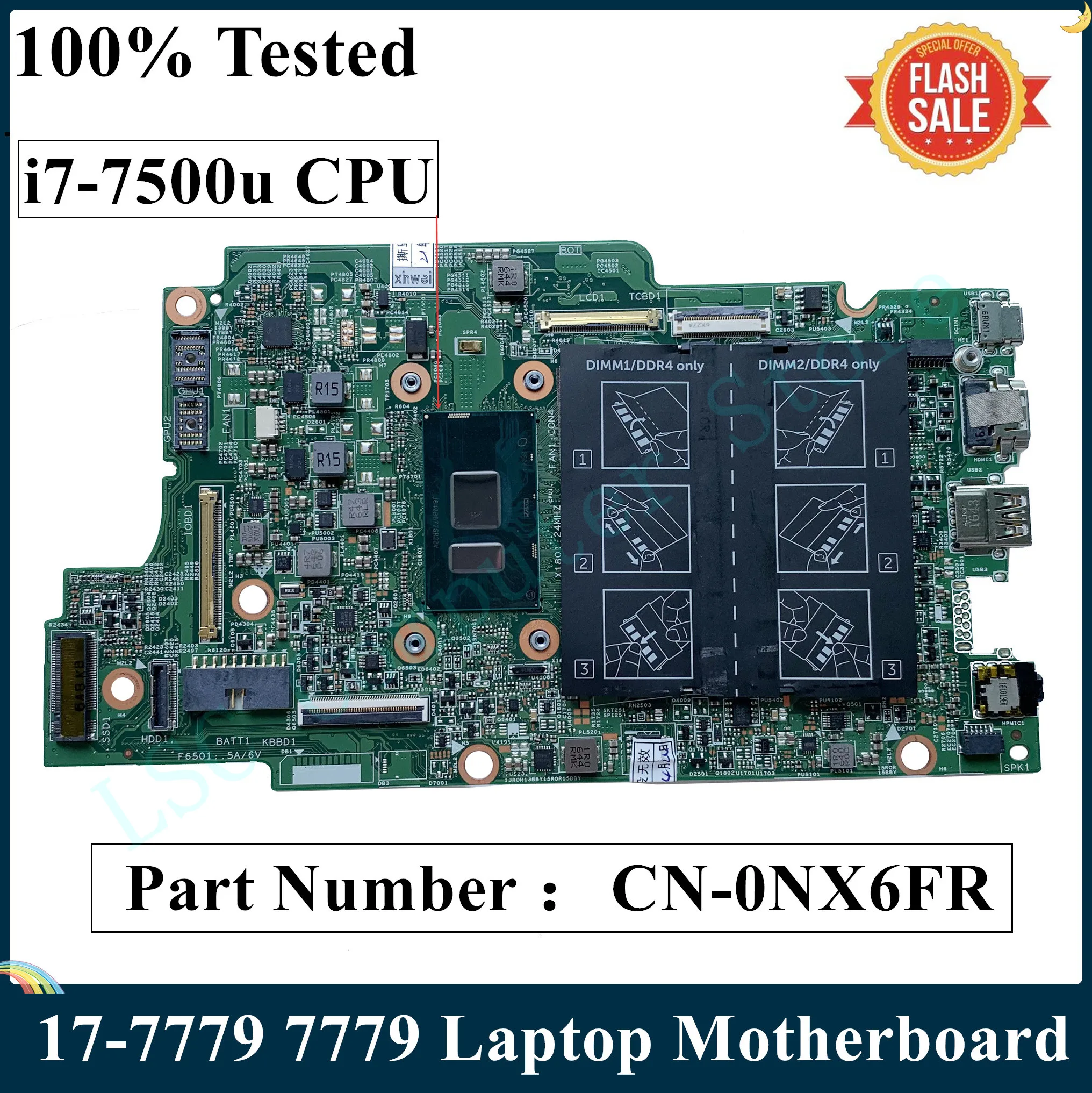 СОП для DELL INSPIRON 17-7779 7779 Материнская плата ноутбука CN-0NX6FR 0NX6FR NX6FR с SR2ZV i7-7500u