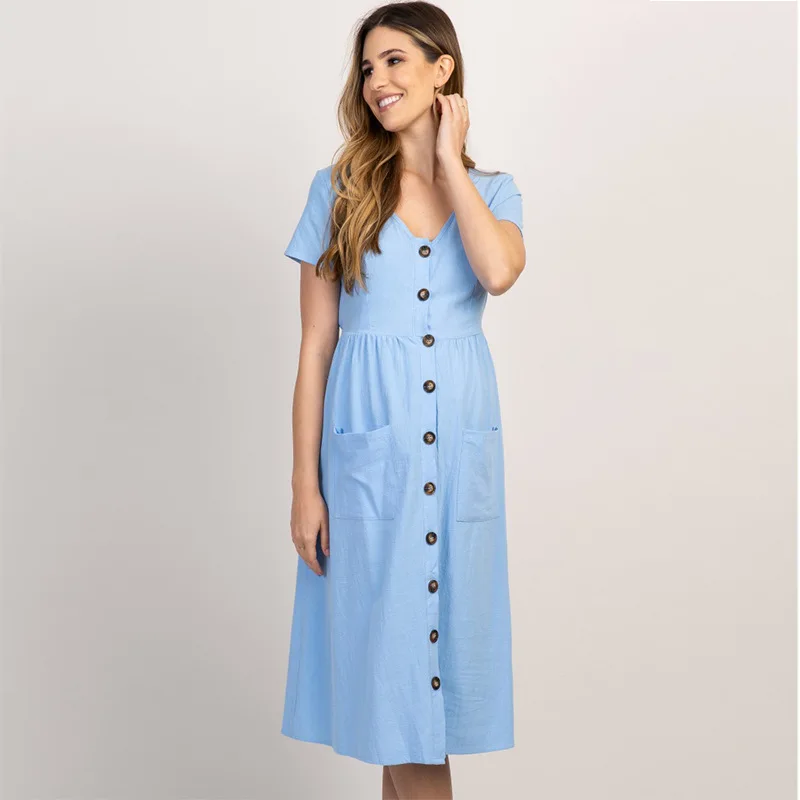 Slim-Fit Short-Sleeved Maternity Dress Maternity Long Dress Round Neck Loose Solid Color Long Trench Coat