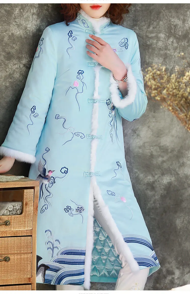 Женский Зимний китайский стиль большой размер меховой воротник хлопковый костюм для среднего возраста и пожилых людей вышитое пальто qipao стиль