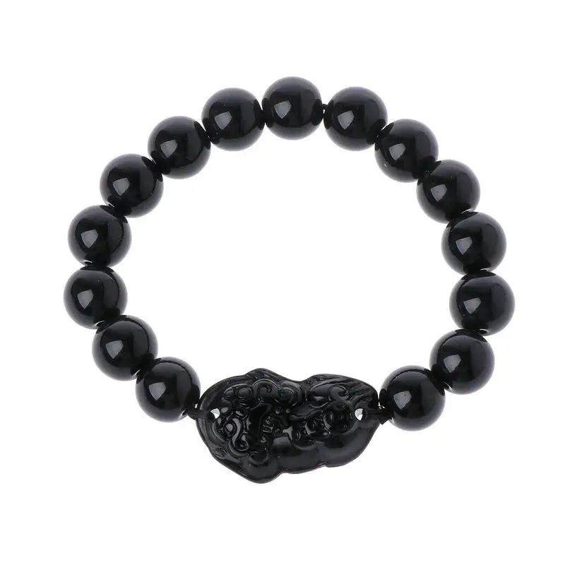 Мужской/женский браслет из черного камня Feng Shui Pi Xiu Obsidian с бусинами золотые