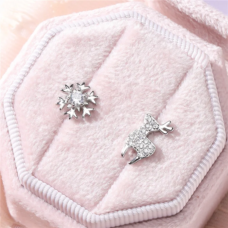 

925 Sterling Silver Female Cute Earrings Exquisite Snowflake & Deer Asymmetrical Elegant Sweet Earrings for Women Girl Jewelry