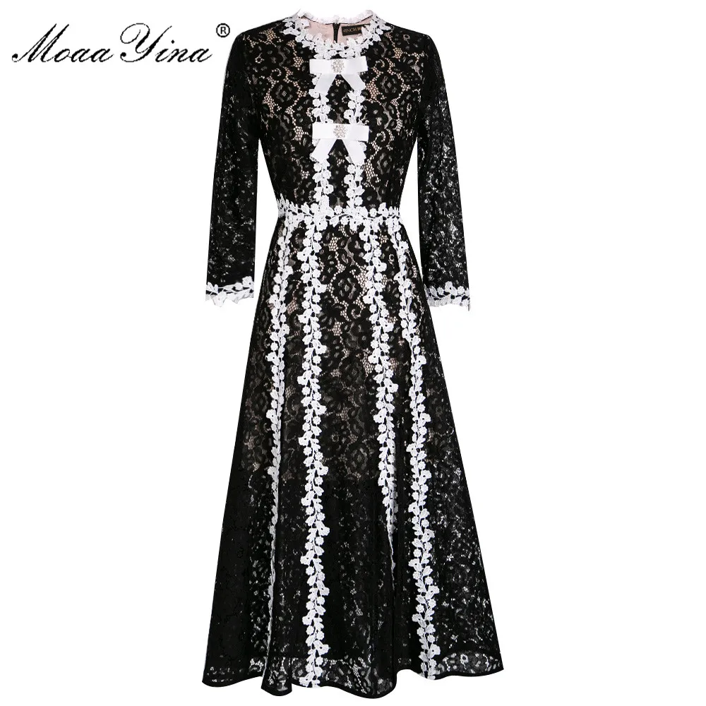 

MoaaYina Fashion Designer Runway dress Spring Summer Women Dress Lace Elegant Black Dresses