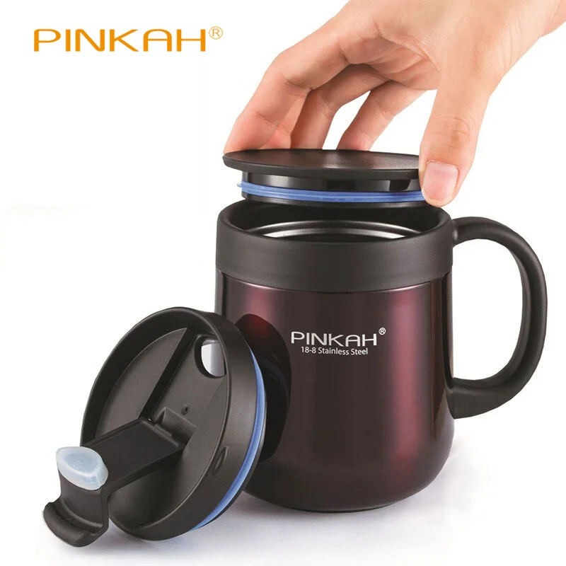 Günstige Pinkah 340 460ML 304 Edelstahl Thermos Becher Büro Tasse Mit Griff Mit Deckel Isoliert Tee becher Thermos tasse Büro Thermoskannen