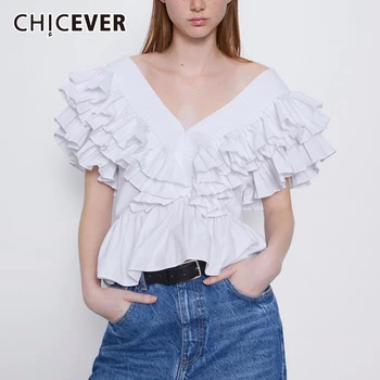 

CHICEVER Ruffles Ruched Women's T-shirt V Neck Butterfly Sleeve Loose Oversized Casual Female Shirts 2020 Summer Fashion Clothes