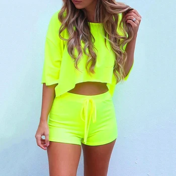 

Fluorescent Color Casual 2 Piece Set Women Tracksuit Two Piece Set Top and Shorts Summer Suit Chandal Mujer 2 Piezas Club Outfit