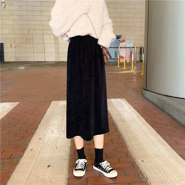 Винтажная Вельветовая Свободная Женская юбка Harajuku с высокой талией, тонкая Однотонная юбка, женская простая Осенняя Новая женская черная юбка