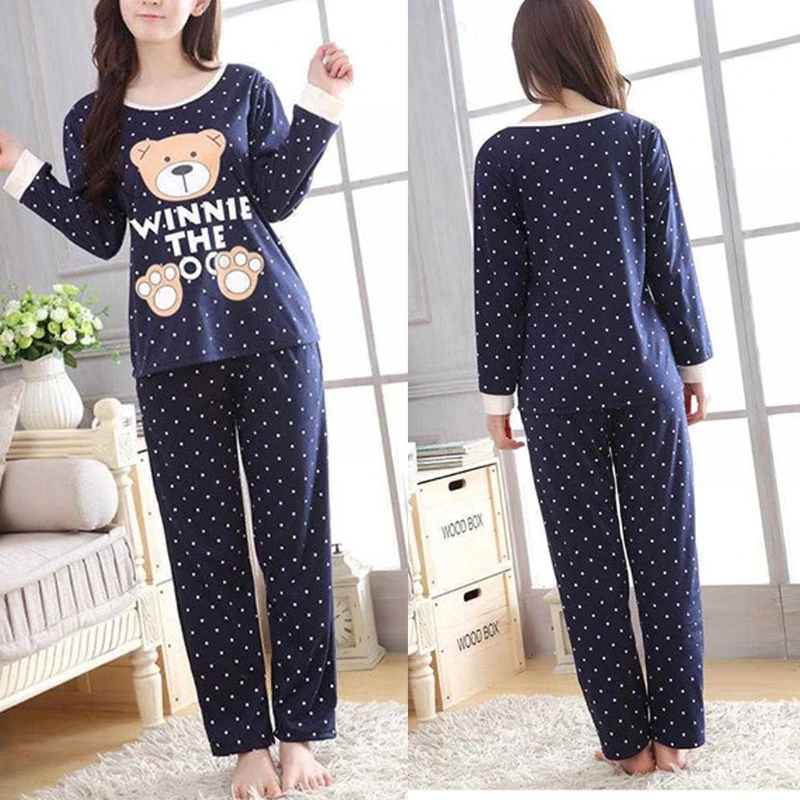 

Home Suit Home Pants Women Long Sleeve Bear Print Tops And Pants Wave Point Pajamas Set Sleepwear Cotton Sexy Pajamas