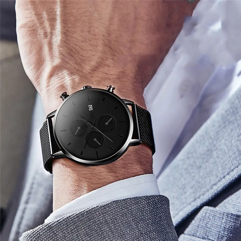 Mens Watches Quartz Watch Casual Fashion Slim Mesh Stainless Steel Waterproof Men Sport Watch 3N25 (2)
