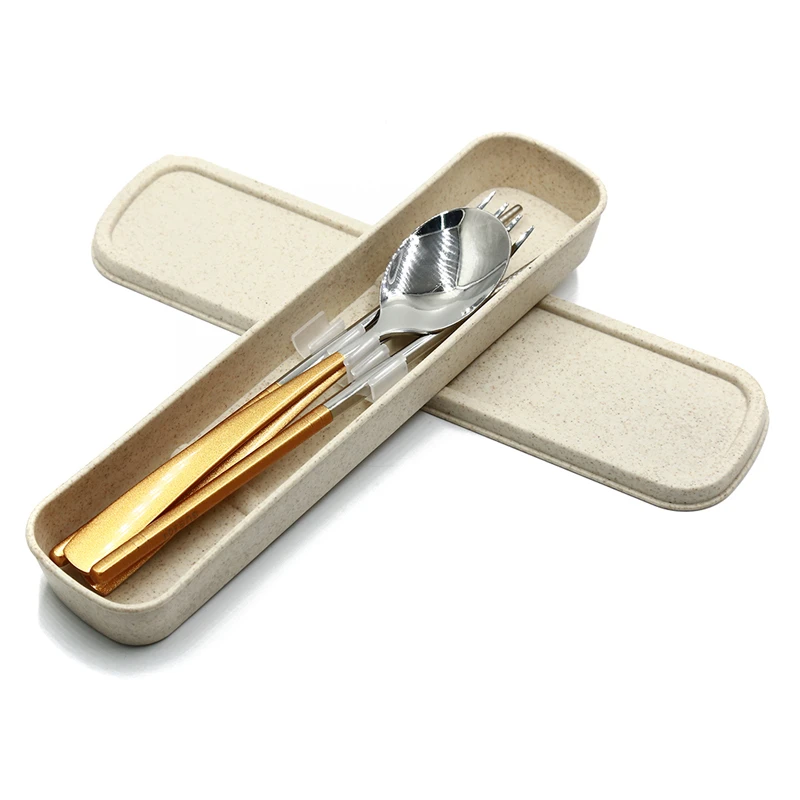 304 студенческие взрослые палочки для еды, коробка из нержавеющей стали, набор столовых приборов, палочки вилка ложка, набор для кемпинга, путешествия, набор посуды, конфетный цвет - Цвет: beige