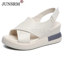  White Black Genuine Leather Wedges Sandals For Women High Heels Platform Sandals Summer Casual Shoes 2021 