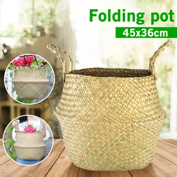 

Large Household Foldable Natural Seagrass Woven Storage Basket Pot Garden Flower Vase Hanging Wicker Basket Bellied Baskets