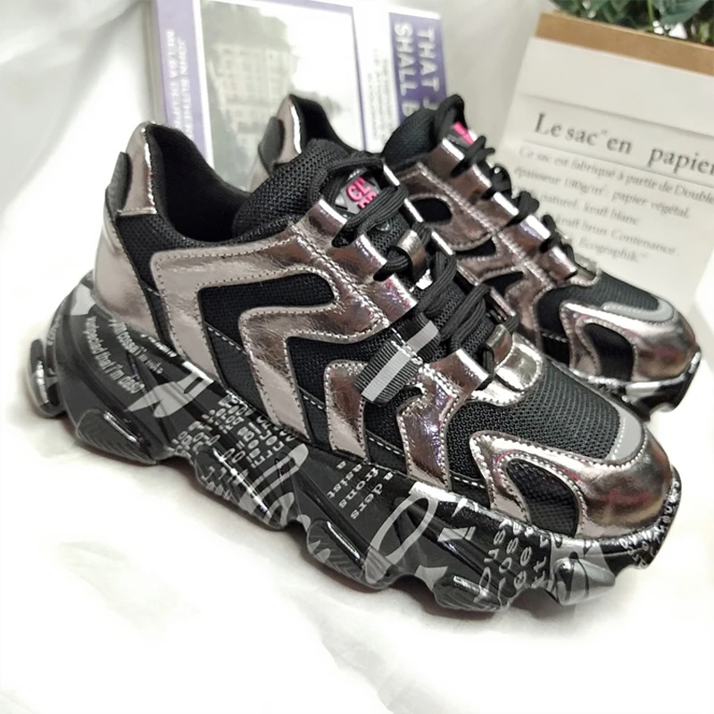 Женские кроссовки; модная обувь; женские кроссовки на платформе; zapatos de mujer; женская обувь на толстой подошве; обувь для папы; дышащая Серебристая обувь