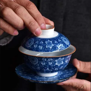 

Blue and White Porcelain Lid Bowl Tea Maker Large Kung Fu Jingdezhen Tea Set Outfit Jade Porcelain Sancai Cup Big Tea Bowl