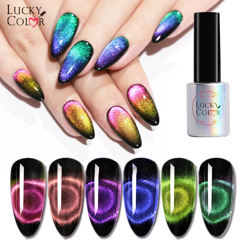 Günstige 6 teile satz Glück Farbe 9D Magie Chamäleon Katzenauge Nagel Gel Polish UV Gel Lack Laser Holographische Glitter Gel tränken Weg Von Kunst Kits