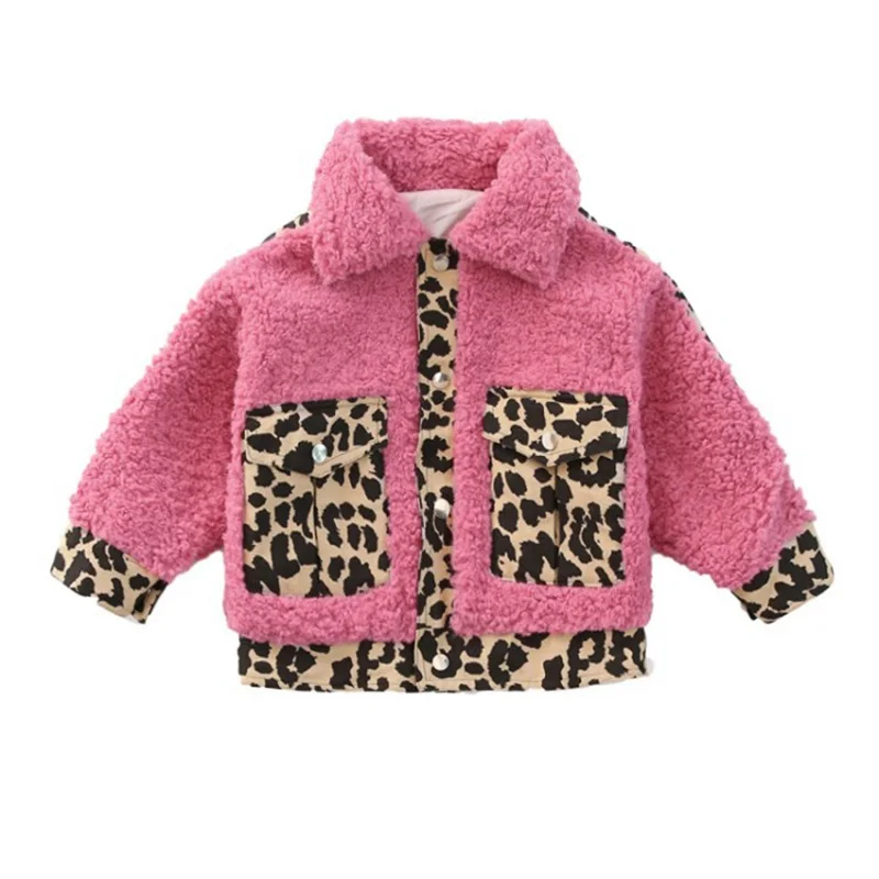 COOTELILI Warm Fur Kids Girls Coat Fashion Patchwork Leopard Winter Girls Jacket Children Clothes Thicken Fur Coat Pink Brown (1)