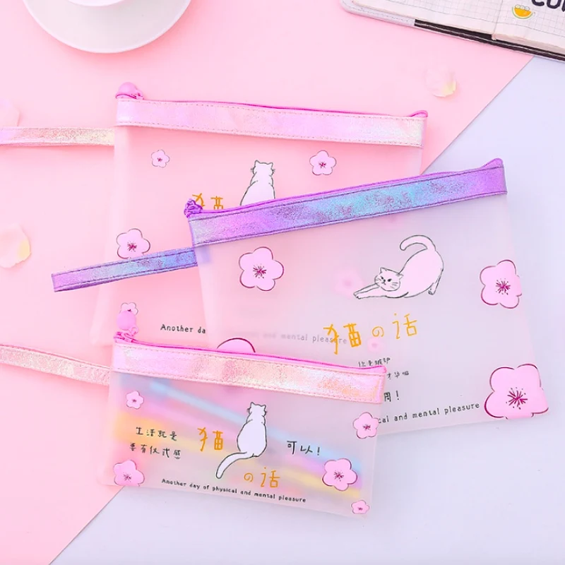 Kawaii Transparent TPU Waterproof Pencil Case Stationery Bags Cat Animals Pencil Bag School Supplies Student Gift