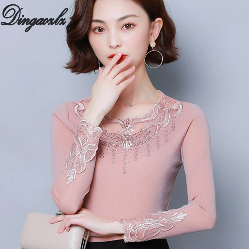 

Dingaozlz korean 2019 new fashion lace stitching women blouse elegant long sleeve embroidery casual shirt lace tops plus size