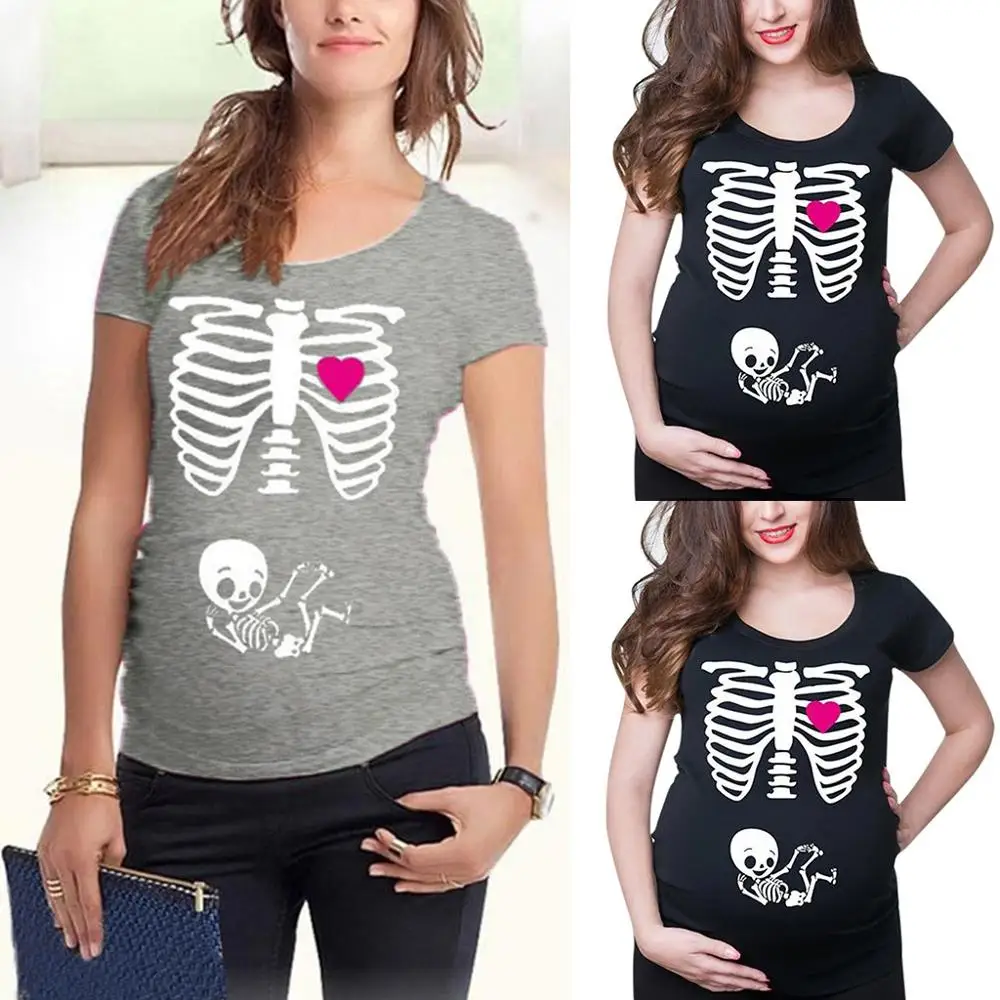 Новая мода для беременных женщин короткий рукав одежда Топ милый Принт Скелет Футболка для беременных Повседневный одежда размера плюс