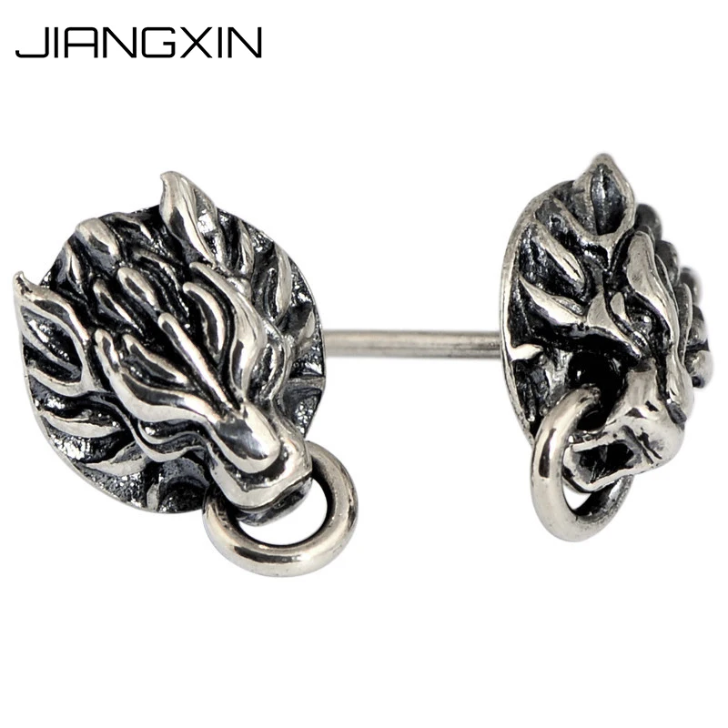 

925 Sterling Silver Retro Wolf Round Stud Earring for Men Vintage Antique Finished Punk Rock Jewelry Gift 1.2cm*0.8cm
