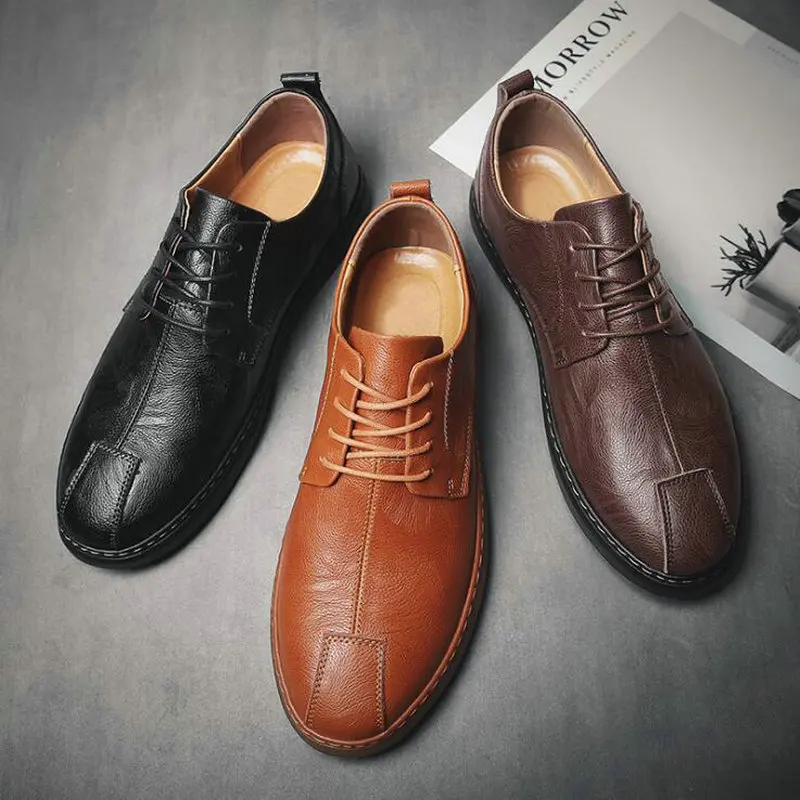 

Hot Sale Men Genuine Leather Shoes British Men's Casual Shoes Soft Bottom Black comfortable Lacp up Flats A54-70