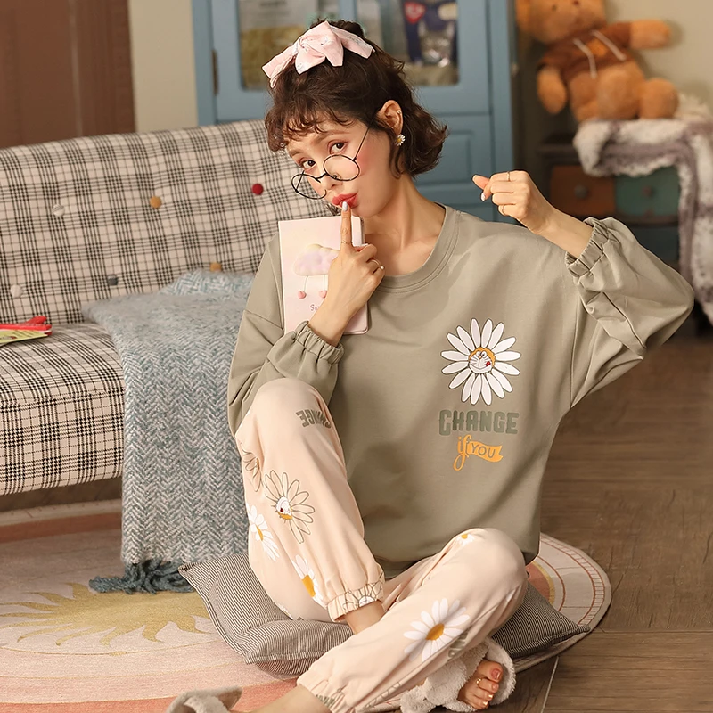 

MELIFLE Autumn Cotton PJS Korean Women's Pajamas Set Satin Atoff Home Print Sleepwear Winter Warm Harajuku Silk Lounge Nightwear