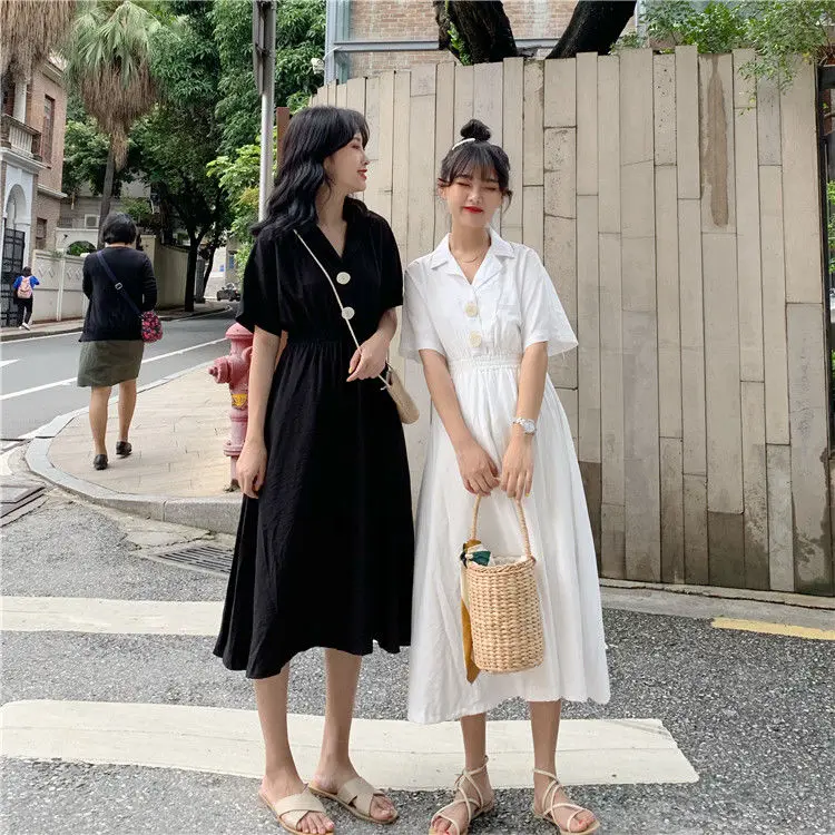 Summer Mid Length Solid Color Dress For Female Students Korean Style Loose All Matching Fresh Short Sleeve Slimming A Line Skirt Dresses Aliexpress