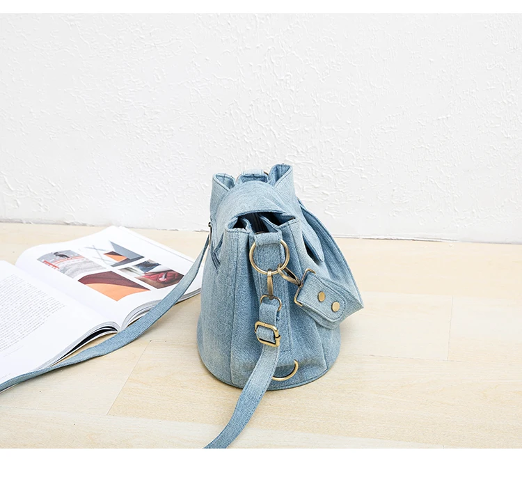 Casual Denim Bucket Bag For Women Shoulder Crossbody Bag Multiple Pockets Ladies Handbag Luxury Design Female Big Totes Blue