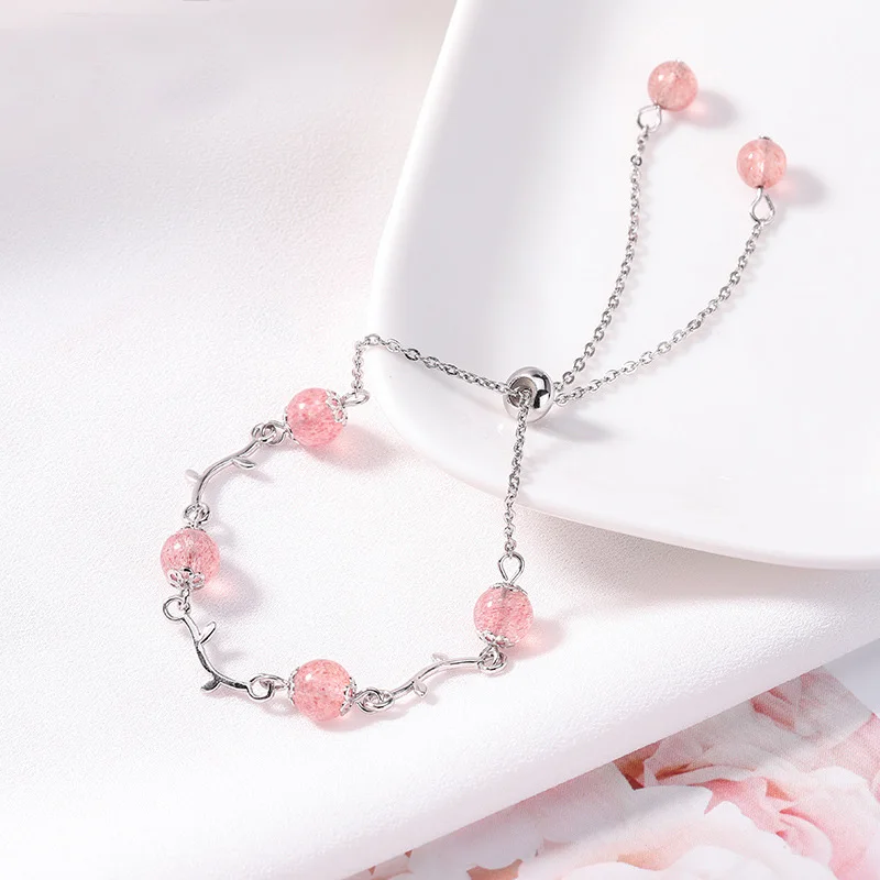 

Fashion Pink Strawberry Crystal Bracelets Natural Stone Round Beads Link Chain Bracelets For Girls Charm Pulseras Mujer Gifts