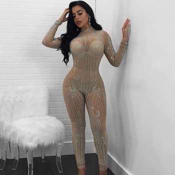 

Mesh Long Sleeve Shiny Rhinestone Romper Women Nightclub One Piece Outfit Women’S Jumpsuit Woman Clothes Rave Party Wear DT1087