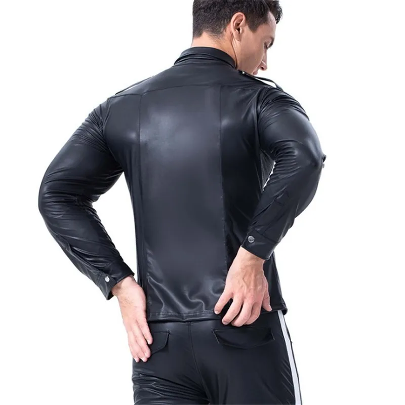 Плюс размер сексуальный мужской топ Learher Catsuit латексный Топ майки рубашки из искусственной кожи с карманом Клубная одежда для выступлений мужские трусы