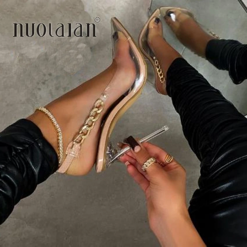 Precio Especial Tacones de discoteca transparentes de PVC con punta estrecha para mujer, zapatos de tacón Sexy con cadena de Metal para fiesta y boda pBQKMD6bolV