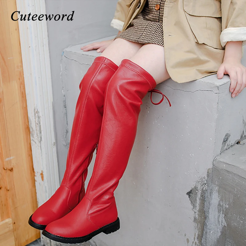 

Girls Over The Knee Boots Children Shoes Winter Boots Genuine Leather Waterproof Lace Up Kids Long Boots Girls Shoes Black Red