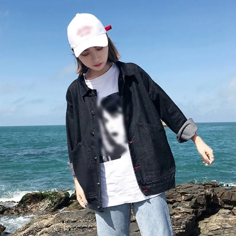 

Women Spring Black Bomber Denim Jacket Fall Female Long Sleeve Casual Jeans Jacket Solid Korea Harajuku Cool Loose Coats