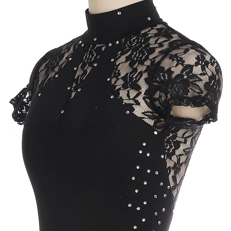 Nasinaya Girls' Figure Skating Competition Leotard Bodysuit Women's All In One Patinaje Short Sleeve Black Lace