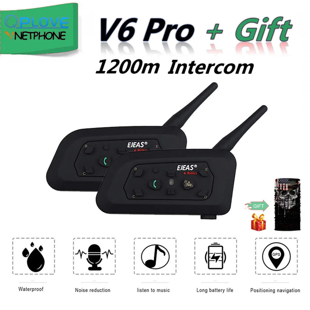 

QPLOVE 2pcs EJEAS V6 Pro intercom 1200m wireless motorcycle bluetooth helmet headset long distance 6 Riders talking