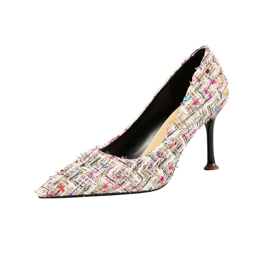 

8.5CM PUMPS high-heeled shoes show thin patchwork color woven cloth single shoes with thin heel temperament women's shoes