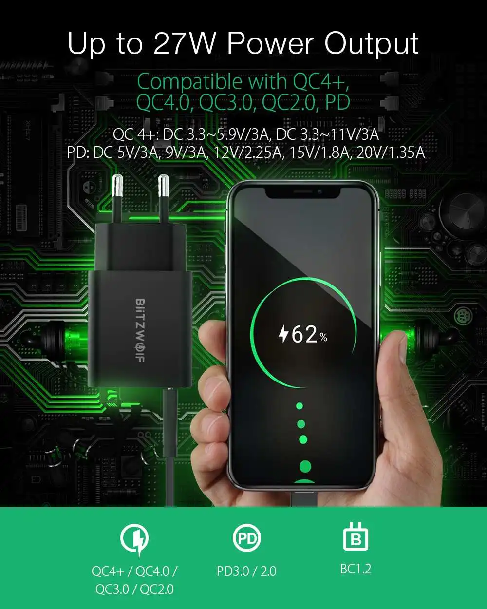 BlitzWolf BW-S12 27 Вт QC4+ QC4.0 QC3.0 PD type-C порт EU AU USB зарядное устройство для iPhone 11 Pro для huawei mate 30 для samsung Xiaomi