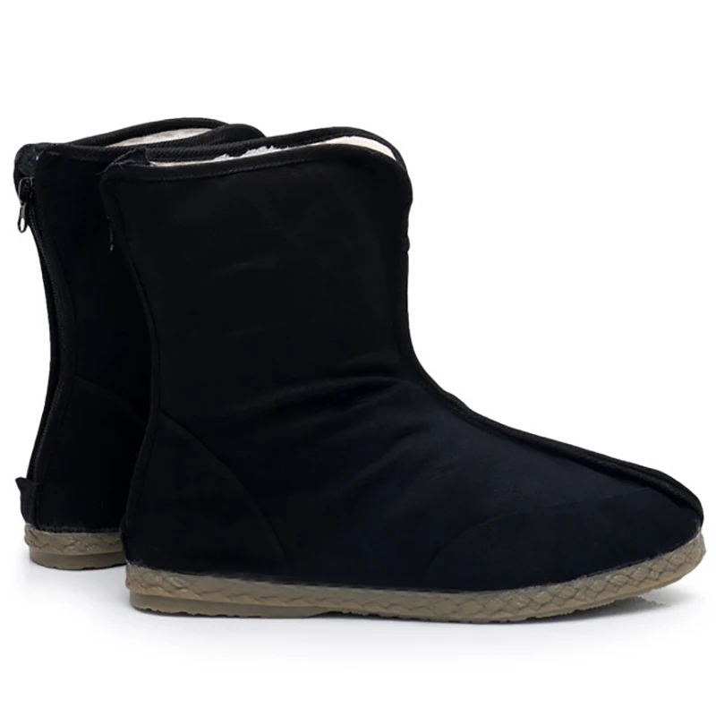 Retro Handmade Kungfu Boots for Men and Women, Black Canvas Shoes with Zipper, Foot Warmer, High Top, Cosplay, Winter