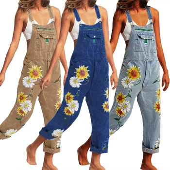 

Fashion Solid Linen Women Jumpsuit Plus Size Sexy Loose Sunflower Print Pockets Overalls Lace Up Strappy Adjust Dungarees Romper