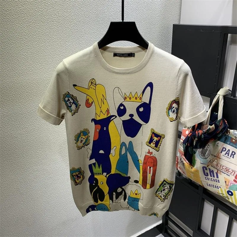 mens turtle neck jumper Cartoon Dog Embroidery Sweaters Women Men High Quality Fashion Knitted Short Sleeve Knitted Pullover Sweater 2022 New vintage sweaters mens