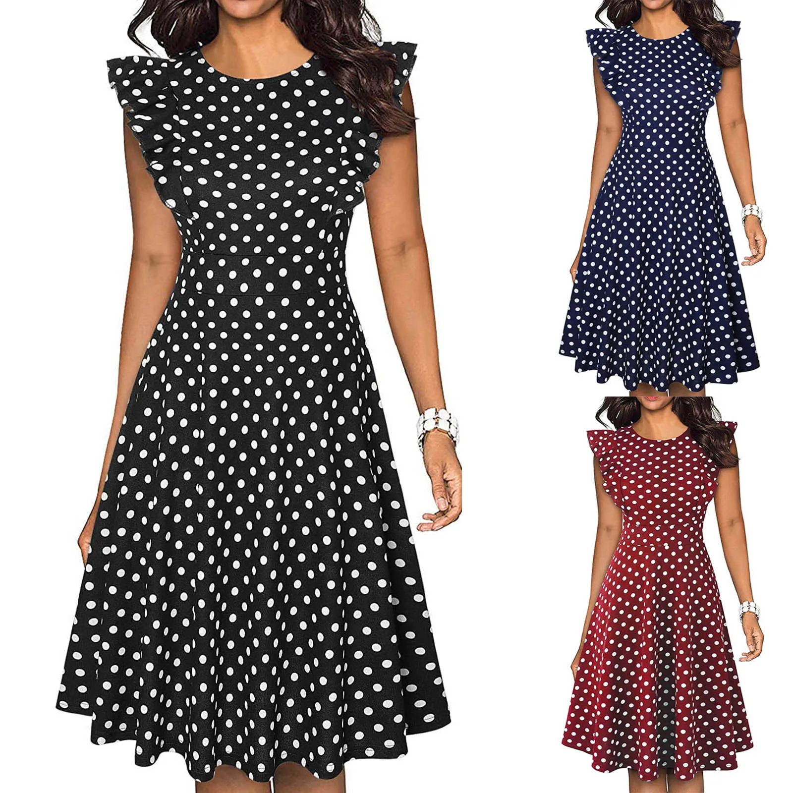 New Women's Dress 2021 Fashion Retro Ruffle Sleeve Polka Dot Print Flare Swing Casual Elegant Женское Летнее Платье |