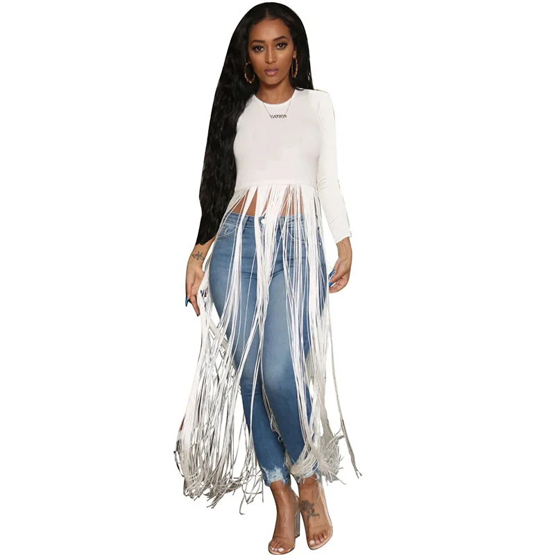

Autumn Long Sleeve T-Shirt Women 2019 Solid Color O-Neck Tassel X-Long Tee Top Fashion Streetwear Casual Ladies Tops Femme